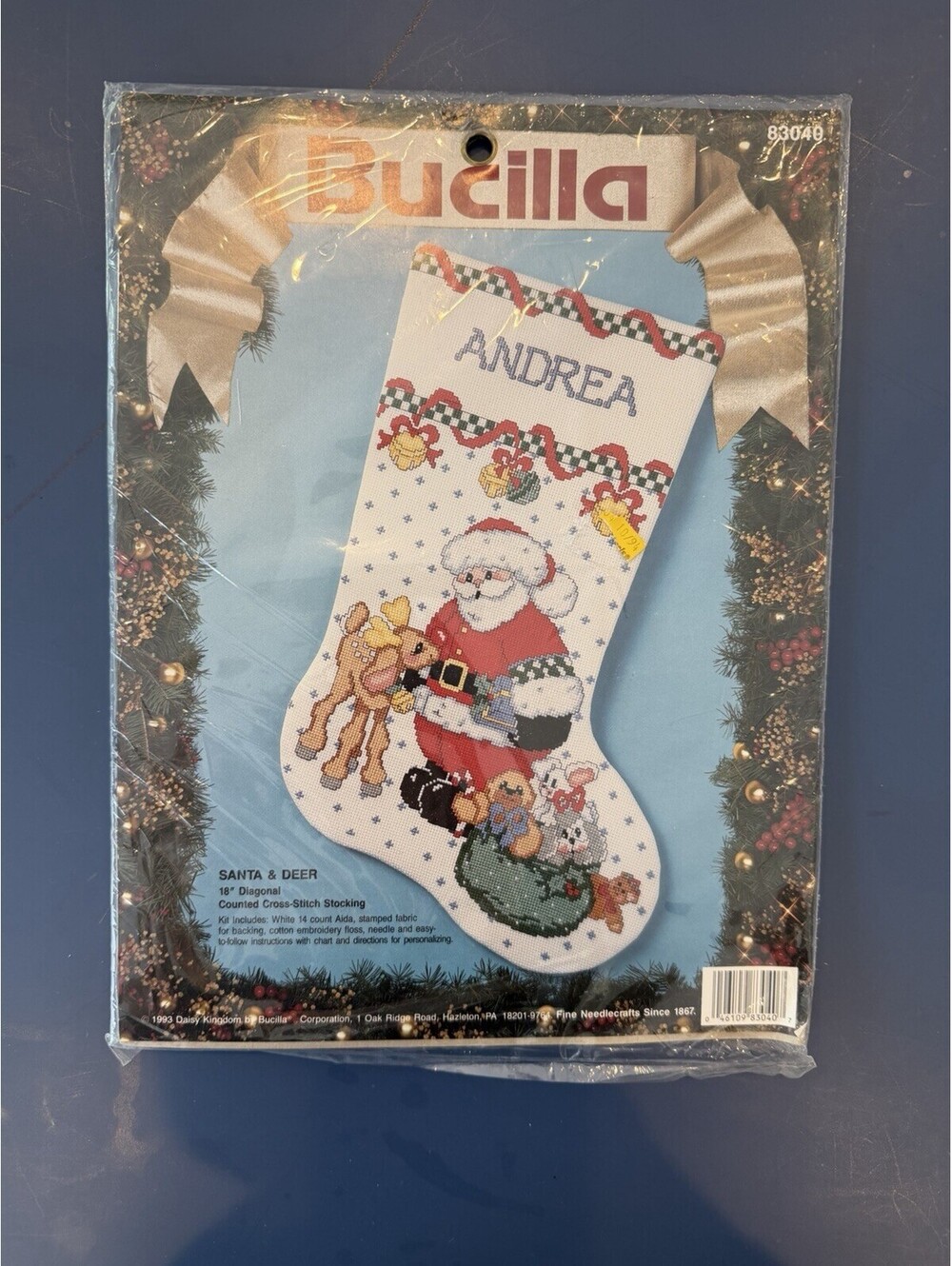 Vintage 1993 Bucilla Santa And Deer Cross Stitch Stocking New